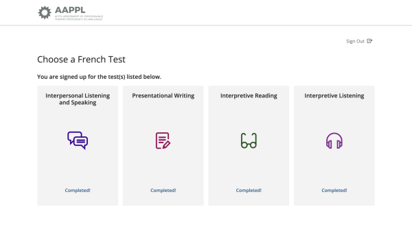 The French AAPPL testing home screen displays the four different segments of the test. (Photo by Layla Kozbelt)