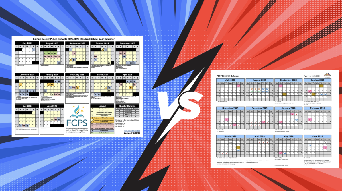 2025-2026 FCCPS Calendar showing the days given off vs the Fairfax calendar. (Graphic by Emily Johnson)