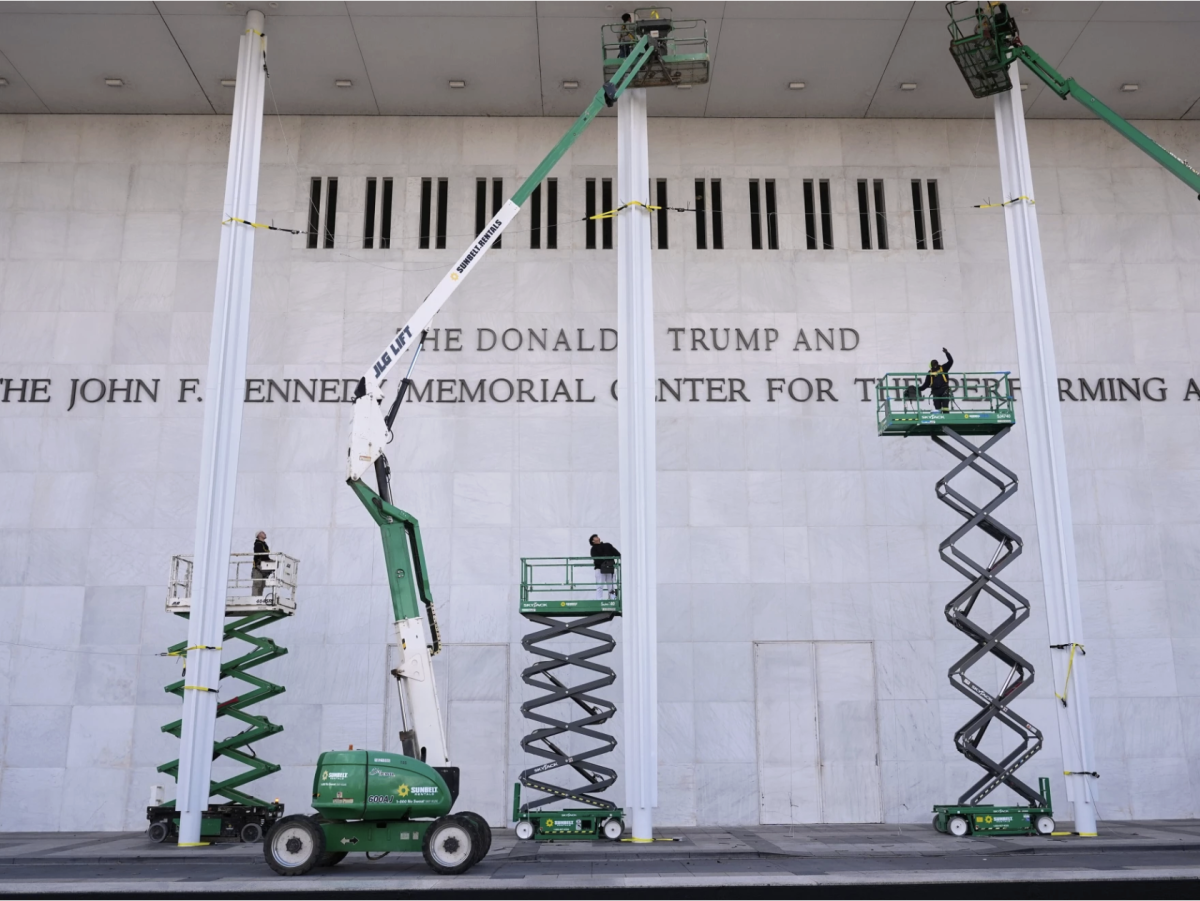The Trump Kennedy Center is unveiled and surrounded by construction. (Photo via apnews.com)