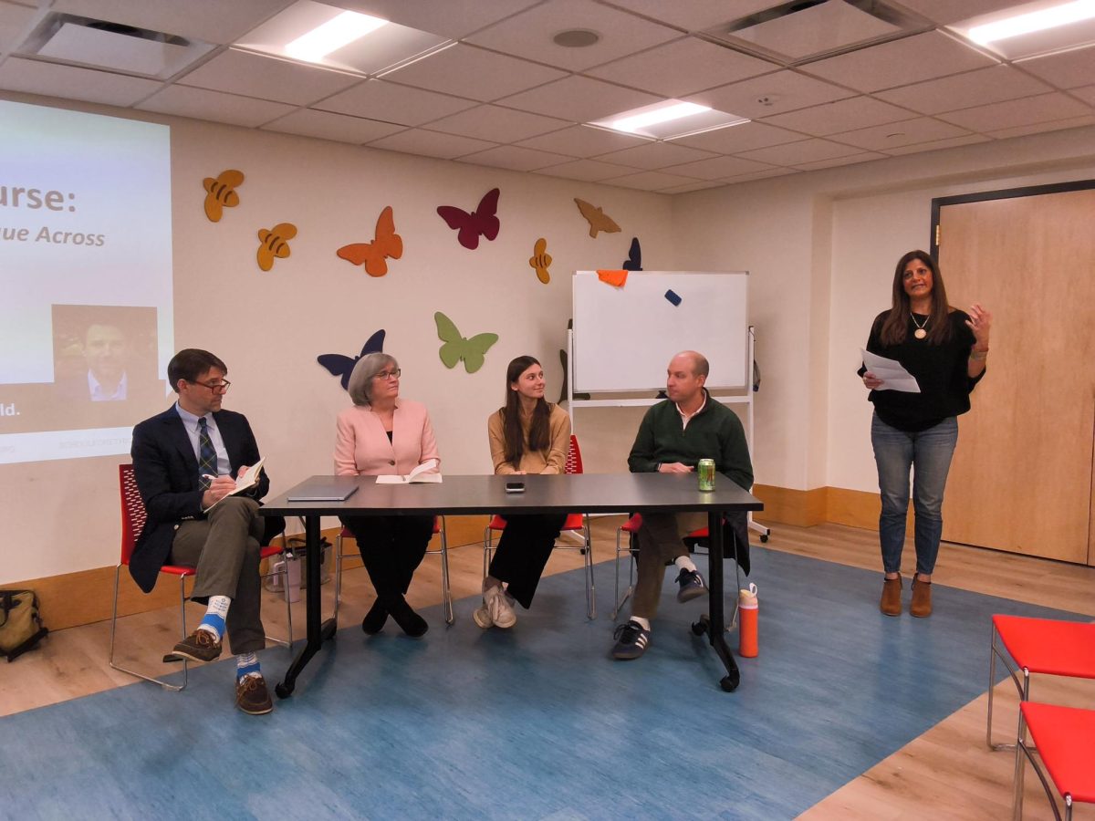 Members of both the Falls Church community and national organization leaders presented at the conversation. Left to right: Noah Bopp, Marybeth Connelly, Cailyn Murphy and Jared Peet. (Photo by Binyamin Hassan)