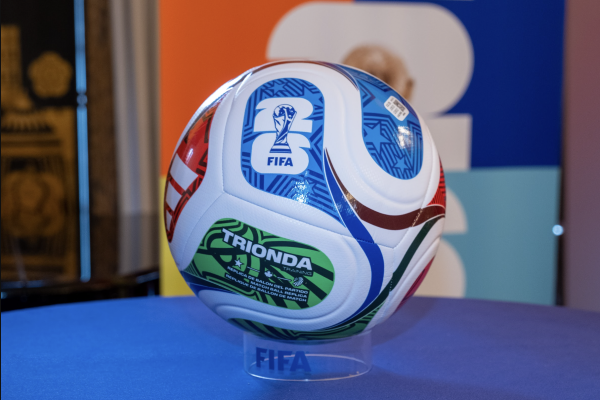 2026 FIFA World Cup game ball on a pedestal.