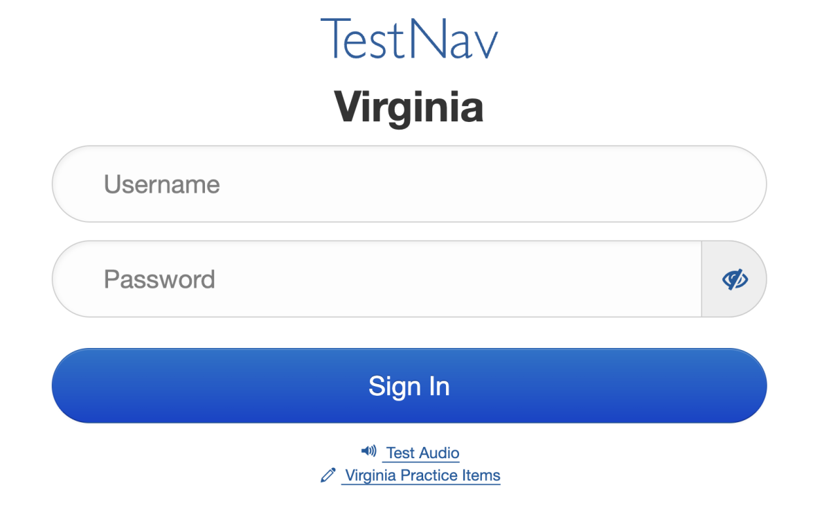 The login screen for TestNav, the platform used for Virginia’s SOLs.